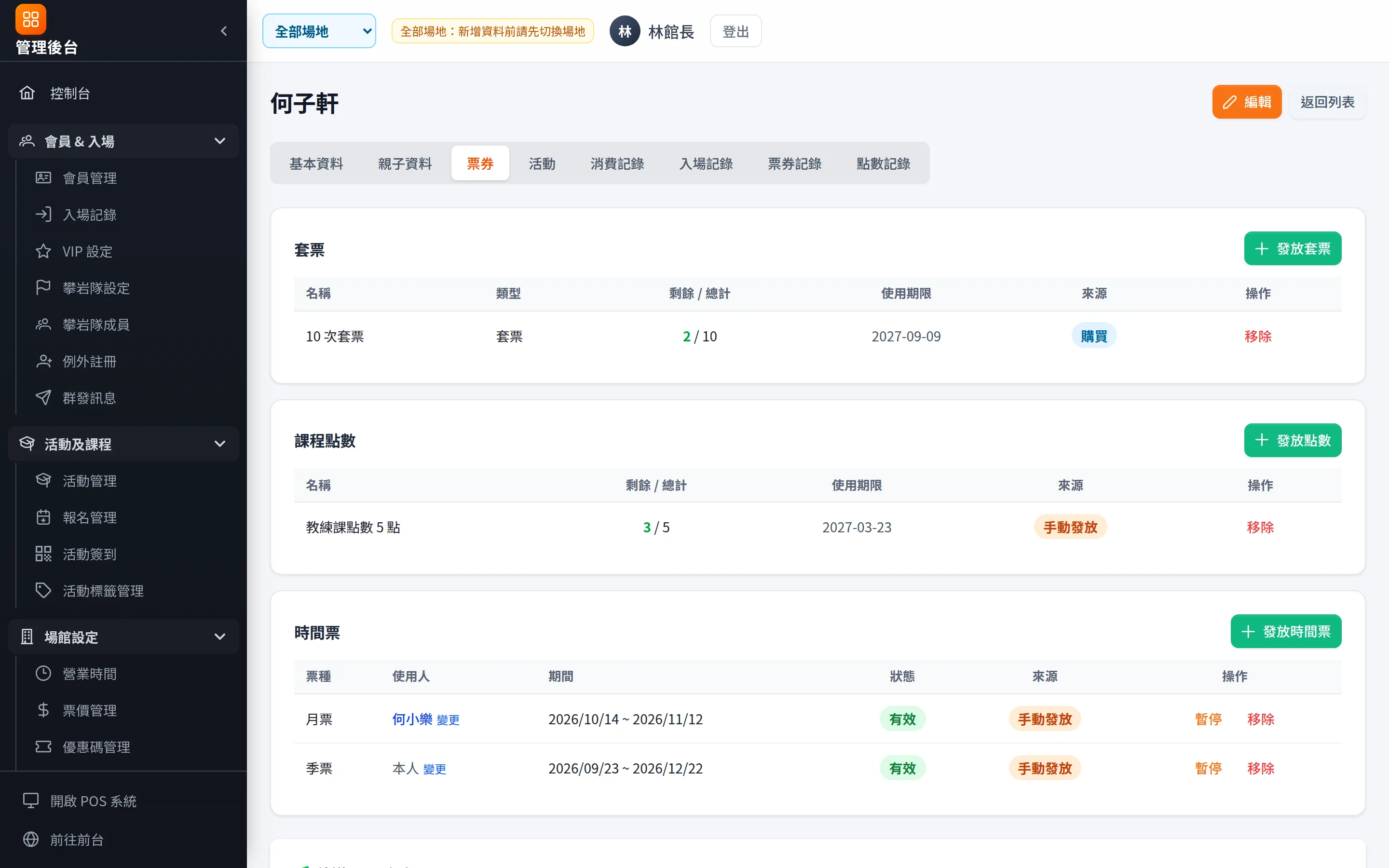 會員詳情 → 票券：套票剩餘次數、課程點數、時間票與「使用人」（本人或親子成員），可直接發放、調整期限。