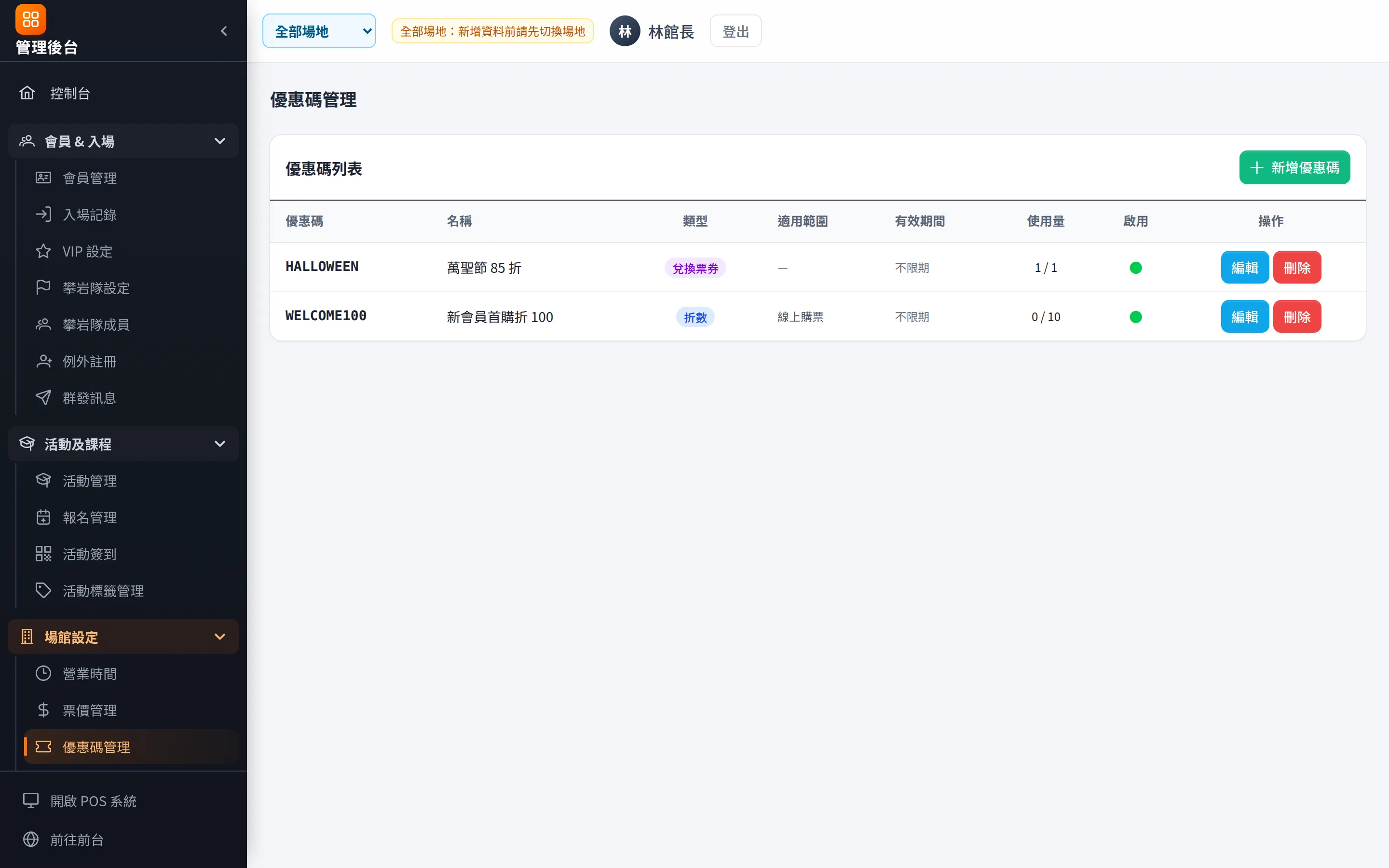 優惠碼：類型、適用範圍、使用次數與狀態。