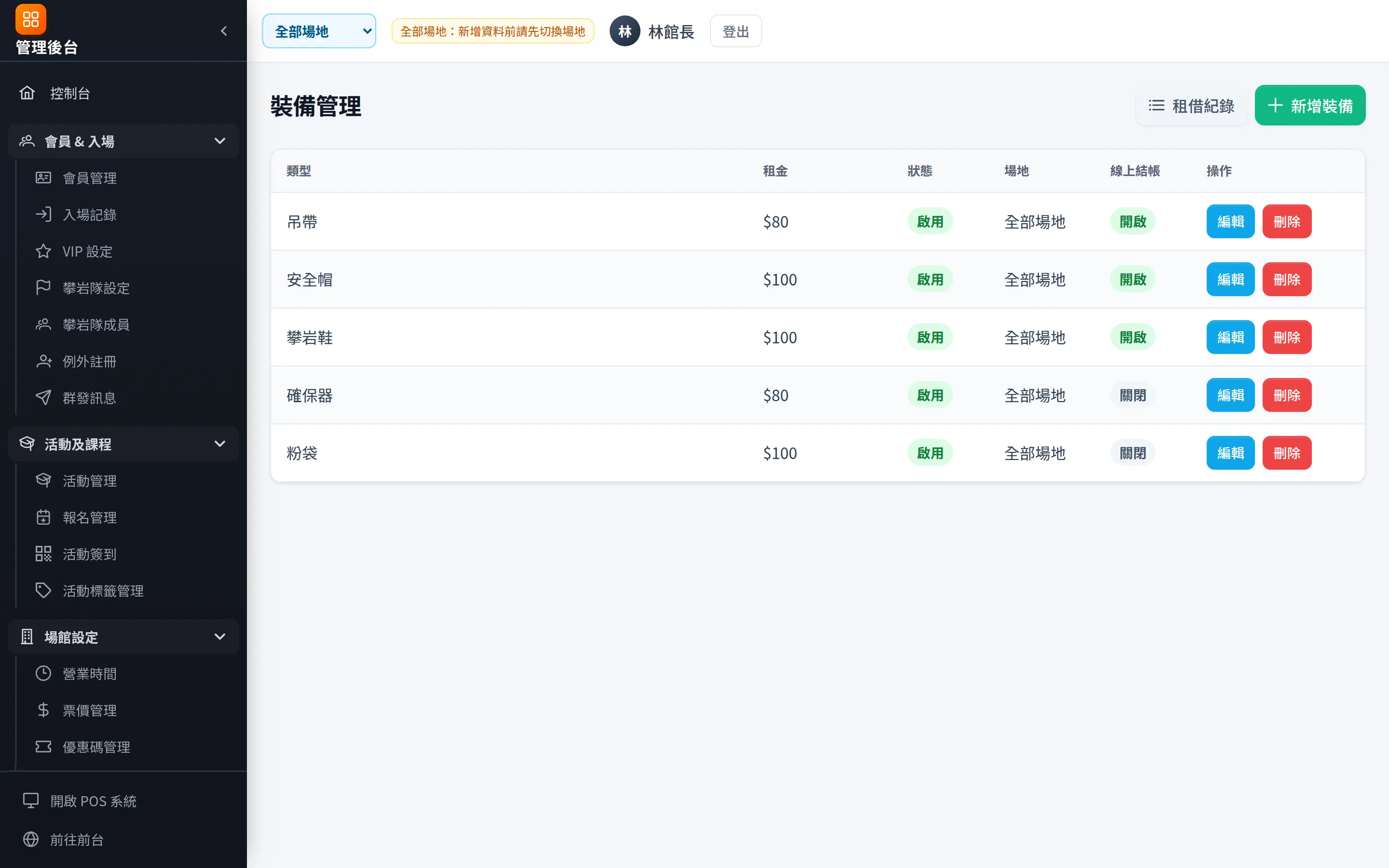裝備設定：租借價格、適用場地、是否開放線上租借。