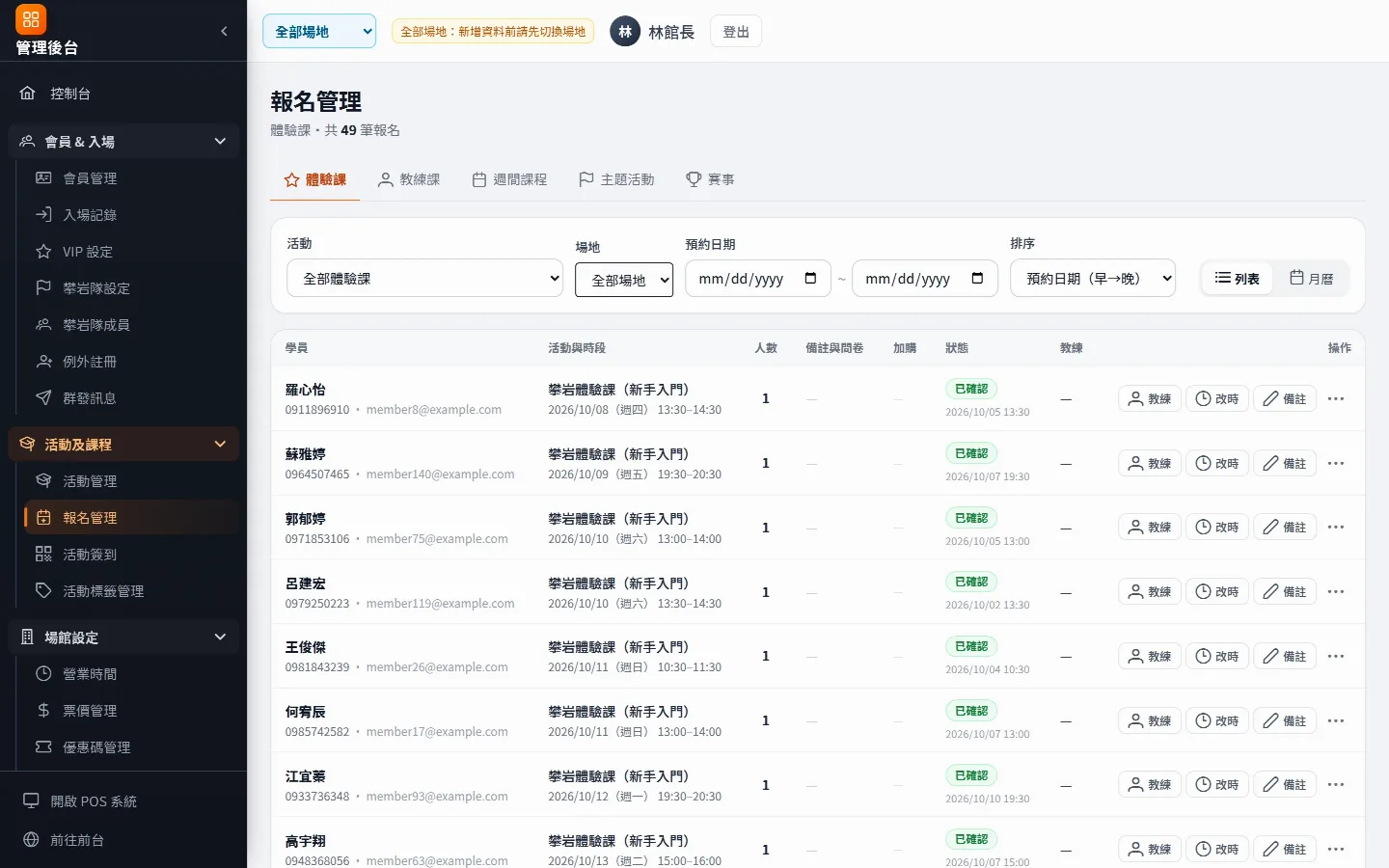 攀岩課程報名管理（月曆模式）：每天的預約數量與當日名單