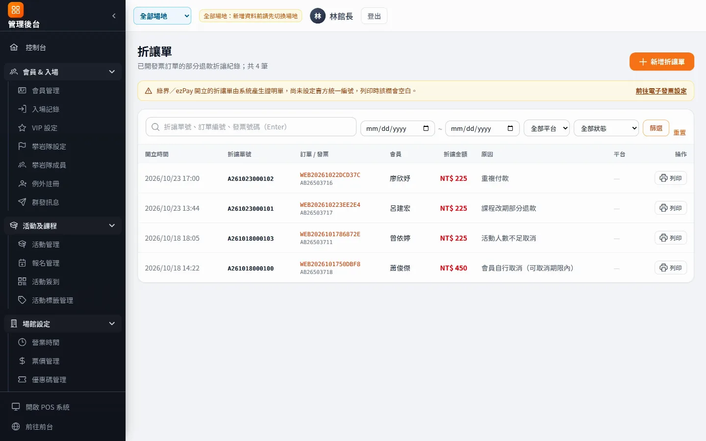 折讓單：依平台與狀態篩選並可列印