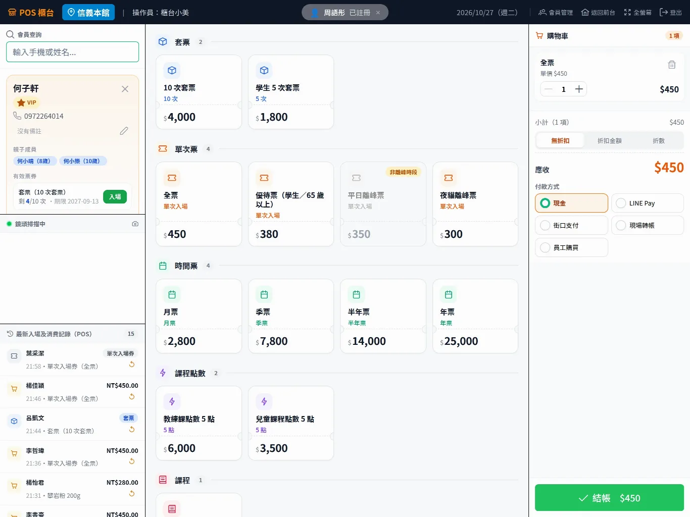 攀岩館 POS 收銀台：掃會員條碼帶出有效票券，一鍵入場與結帳